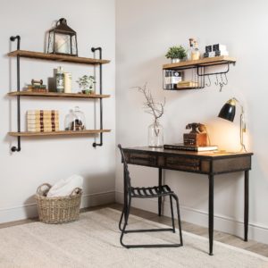 Office space with metal shelving